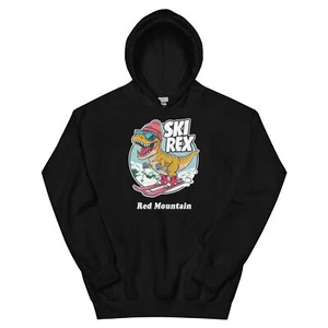 Red Mountain Ski Rex Skiing T-Rex Dinosaur Shirt Dino Skier Hoodie - Picture 1 of 6