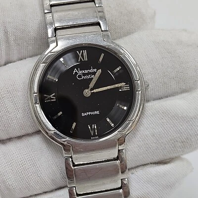 Alexandre Christie Wrist Watch Mens 34mm Silver Tone Black Dial New Battery 7" - Image 1 of 4