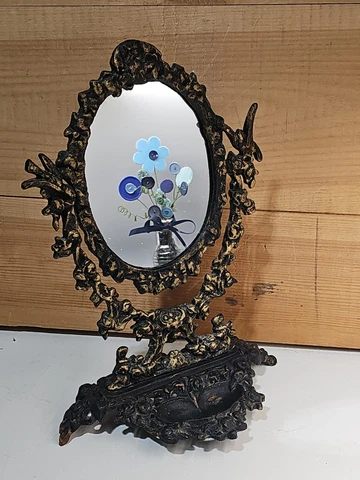 Vintage Vanity Table Cast Iron Oval Victorian Mirror Gold Color Flowers Birds Cover
