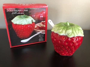 NEW Vintage Covered Ceramic STRAWBERRY Jam Or Sugar Jar W/Ceramic Spoon RARE! - Picture 1 of 8