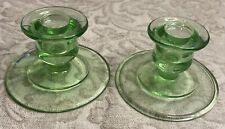 Vintage GREEN DEPRESSION Short GLASS CANDLE HOLDER Pair