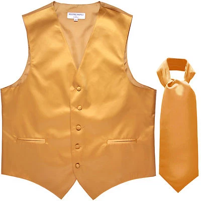 New Men's Formal Tuxedo Vest Waistcoat solid & Ascot cravat Gold Prom wedding - Image 1 of 3