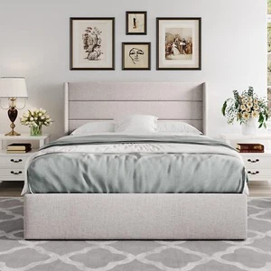 Sifurni Lift Up Storage Bed, Modern Wingback Headboard, Light Beige [All Size] - Picture 1 of 27