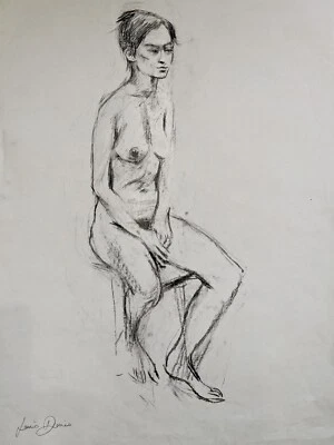 Dibujo grande original a lápiz y carbón de Lewis Davies 1939-2010 mujer desnuda Foto 1 de 4