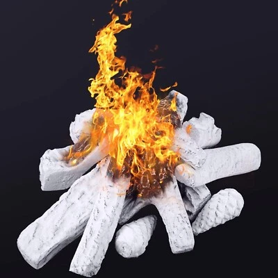 Juego de 12 troncos de chimenea de gas cerámica madera blanca para insertos interiores propano ventilado Foto 1 de 4