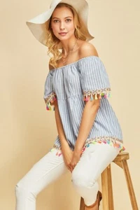 Entro Blouse Top M Blue-White Haidee Pinstripe Tassel Detail Off The Shoulder - Picture 1 of 12