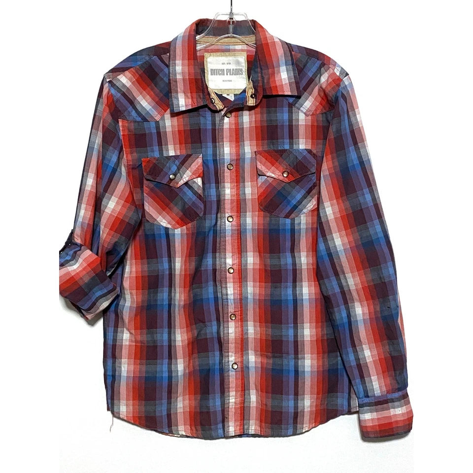 Ditch Plains 格子珍珠扣衬衫男式 M 卷片袖乡村西部 — 第 1/4 张图片