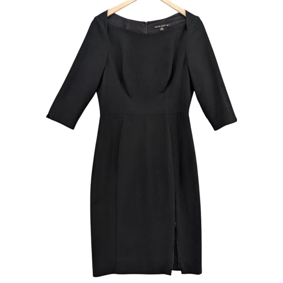 Black Halo Sheath Dress Black 3/4 Sleeve Boat Neck Lined Knee Length Size 10 - Image 1 of 4