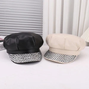 Lady ‌Rhinestone Brim Leather Flat Cap Vintage Beret Hat for Outdoor Travel Cute - Picture 1 of 13