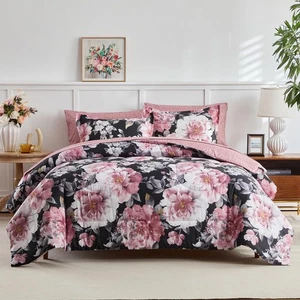 3pcs Floral Comforter Set Full/Queen, Pink Flowers on Black Design, Microfibe... - Foto 1 di 6