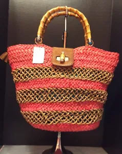 RAFFIA HANDBAG CORAL & BLUE - Picture 1 of 10