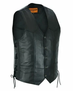 Men's Motorcycle Leather Vest Buttoned Closure Multi Pocket w/ Side Laces Black - Picture 1 of 6