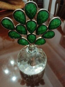 Crystal Sorelle Perfume Bottle With Green Faceted Teardrops Peacock Fan Dauber