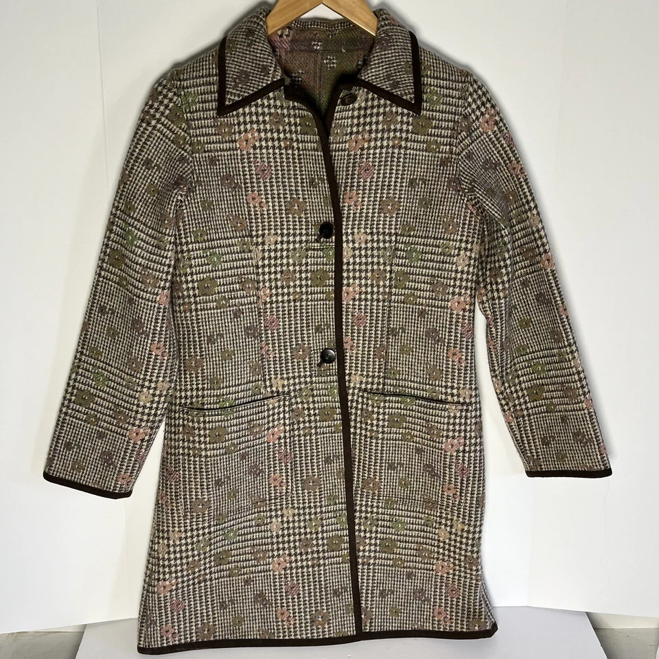 Vtg 40’s Reversible Handmade Floral Houndstooth Tweed/Wool Jacket Coat Women Med - Image 1 of 4