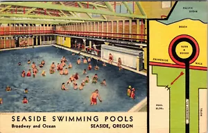 MAR, OREGON - GENTE EN PISCINAS JUNTO AL MAR - POSTAL DE LINO VINTAGE - Imagen 1 de 2