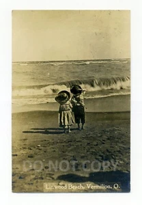 Vermilion Ohio, niños, sombreros de paja, Linwood Beach 1910 RPPC postal Lake Erie - Imagen 1 de 2
