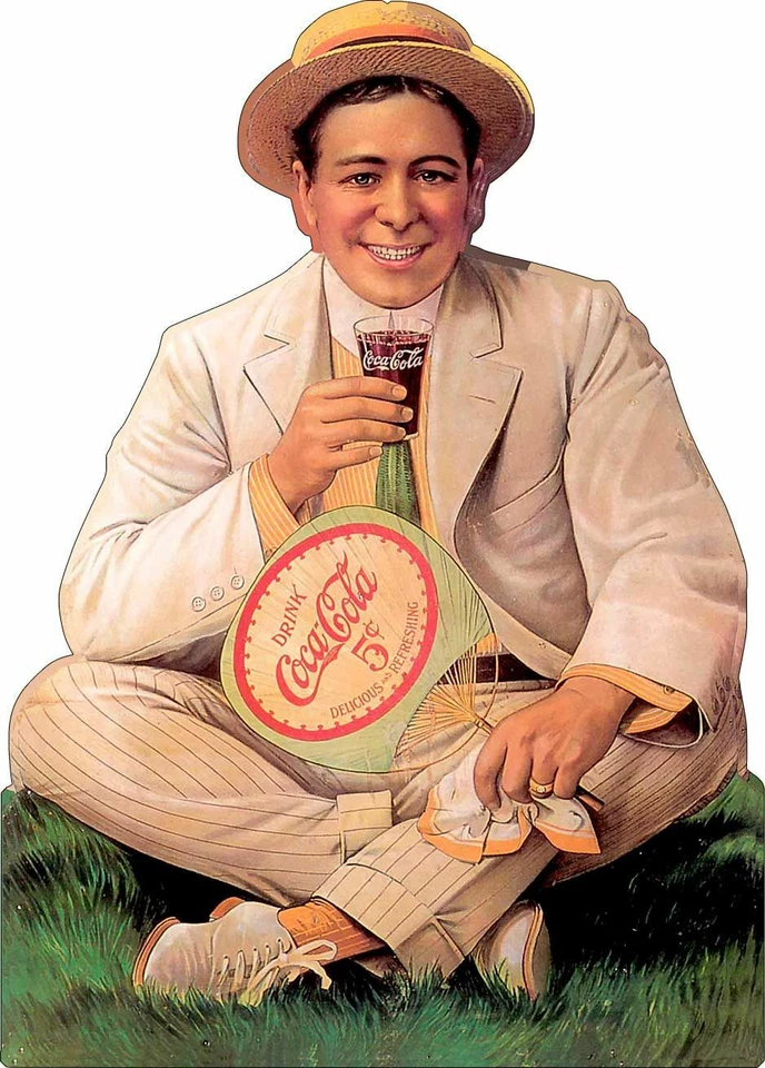 COCA COLA SODA POP MAN WITH FAN 18" HEAVY DUTY USA MADE METAL ADVERTISING SIGN - Image 1 of 1
