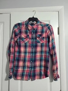 Nikita  Women's Pink Plaid Flannel Long Sleeve Shirt Pearl Snap Button Up Size L - Picture 1 of 2