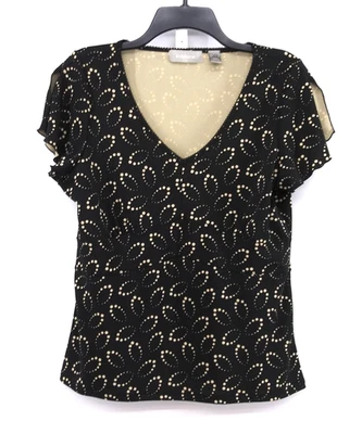 Blusa Pullover Top Liz Claiborne Mujer Talla L Negra Manga Corta Dividida Cuello en V Foto 1 de 4