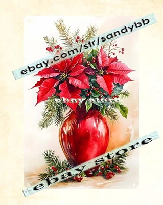 Red Poinsettia Vase Tin Sign Rustic Holiday Floral Art - Image 1 of 4