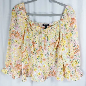 A Byer Blumen Crop Rüschen Top Bluse gelb rosa Boho Flatter 3/4 Arm Gr. LG - Bild 1 von 5