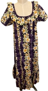 Hawaiian Mu’u Vtg Purple White Hibiscus White Ginger Ruffle Dress 100% Cotton 2x - Picture 1 of 11