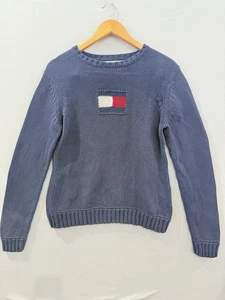 Tommy Hilfiger Flag Sweater Womens Large L Navy Blue Cotton Chest Logo Crew Neck - Picture 1 of 5