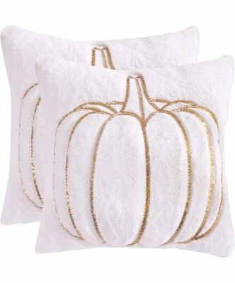 Throw Pillow Case Set of 2, Halloween/Thanksgiving, Sequin Pumpkin Flush Design - Image 1 of 4