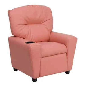 Contemporary Pink Vinyl Kids Recliner with Cup Holder - Picture 1 of 8