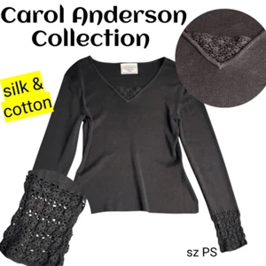 Designer Silk & Cotton with Crochet Detail on Sleeves and V Neck Black Knit Top - Picture 1 of 10