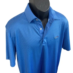 GREG NORMAN Mens Large Play Dry Short Slv Golf Polo Shirt Blue Geometric Shark L - Picture 1 of 9