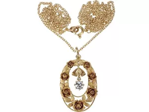Jugendstil 585 Gelb Gold 0,32 ct Diamant Rosen Anhänger & Kette, Collier! - Bild 1 von 7