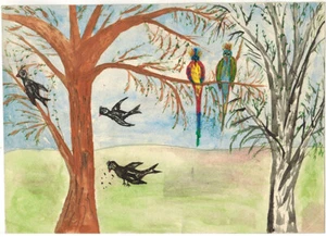 Trees Black birds Parrots drawing by child from the USSR - Foto 1 di 1