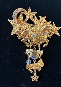 NWOT KIRKS FOLLY Stars Moon Fantasy Carousel Horse Gold Crystals w Charms Brooch - Picture 1 of 9
