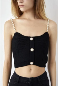 Designer Black Knit Crop Top Tank Adjustable Pearl Strap Size S 8/10 - Picture 1 of 11