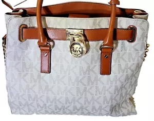 michael kors hamilton gold lock satchel handbag signature print beige logo used - Picture 1 of 10