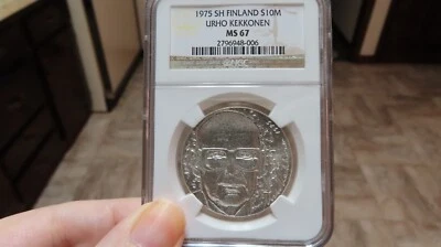Moneda de plata Finlandia 1975 10 mk - Presidente Urho Kekkonen - Cubierta original Foto 1 de 4
