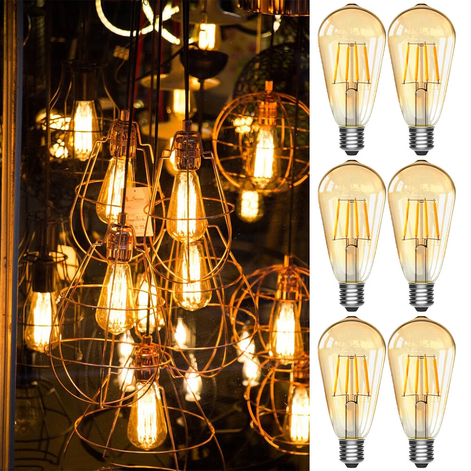 6x Vintage E27 ST64 Filament LED Light Bulb 4W Industrial Edison Lamp Warm White - Image 1 of 4