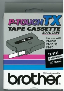 Cinta Brother P-Touch TX TX1111 negra sobre transparente - 1/4" (6 mm) 50' nueva - genuina - Imagen 1 de 2