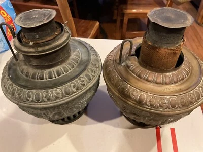 2 ANTIQUE  "THE ROCHESTER"  1 EMBOSSED BRASS  and  1 nickel KEROSENE OIL LAMPs - Image 1 of 4