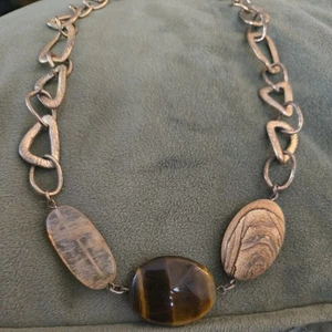 LIA SOPHIA Three Stone Gold Tone Tiger Eye, Jasper And Agate Necklace - Picture 1 of 3