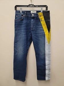 Acne Studios POP FLAG PRINT Mens Denim Blue Jeans Size 34 Yellow Black White - Picture 1 of 14
