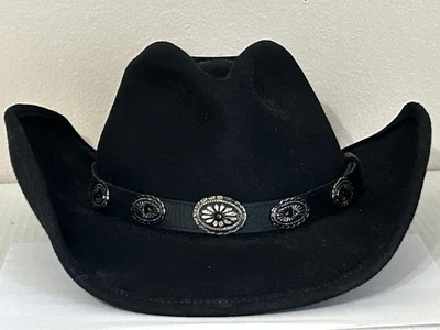 Bullhide Black Wool Felt Western Womens LARGE Cowboy Hat Floral Conchos Band USA - Image 1 of 4