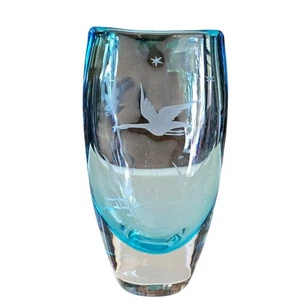 VTG Randsfjord ART GLASS Vase Etched Goose/Marsh Scene Blue Crystal, 5.5" - Picture 1 of 6