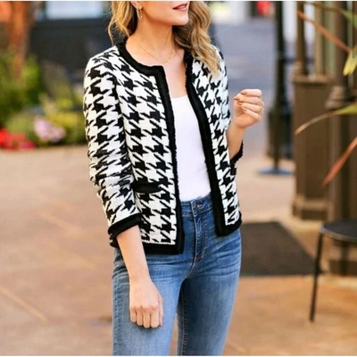  HALOGEN Marl Houndstooth Knit Jacket Ivory/ Black Women’s Size L NWT  - Image 1 of 4