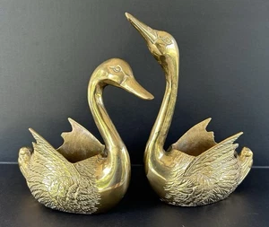 MCM Solid Brass Swan Figural Planters Pair Vintage Mid Century Regency - Picture 1 of 19