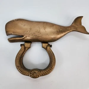 Vtg Brass Whale Door Knocker Nautical Coastal Décor 7" Patina Beach House Ocean - Picture 1 of 13