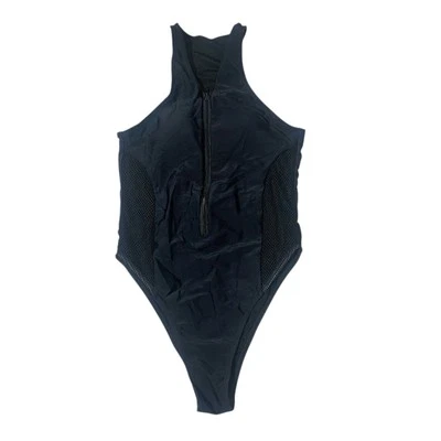 Traje de baño de una pieza con cremallera completa negro espalda deportiva laterales de malla mediano para mujer Foto 1 de 4