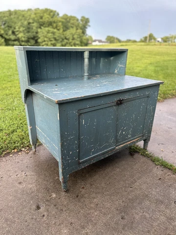 1870s Country Baking Kitchen Island Workbench Farmhouse Robin Egg Blue Cooking Cover