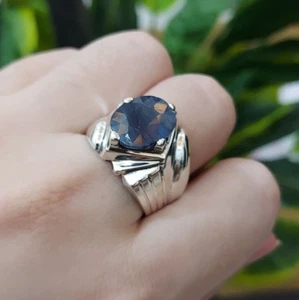 Handmade Ring Blue Sapphire Natural Neelam Stone Oval Cut Sapphire Ring For Men - Picture 1 of 7